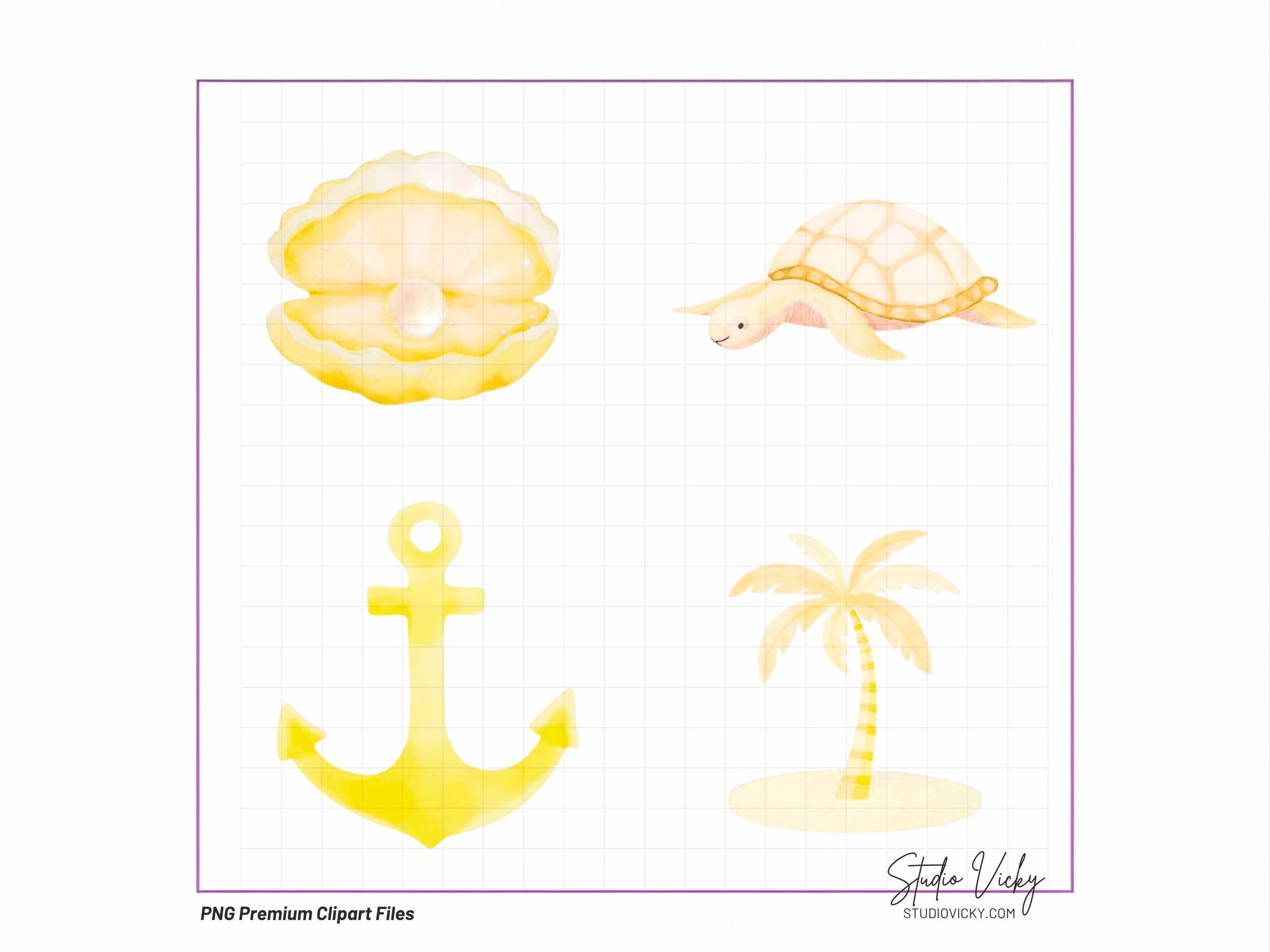 Golden Summer Sea Watercolor Clipart Bundle | Yellow Coastal Beach PNG Files