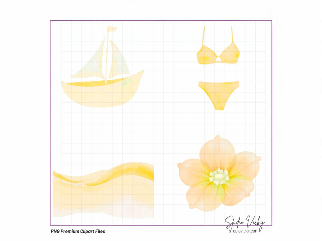 Golden Summer Sea Watercolor Clipart Bundle | Yellow Coastal Beach PNG Files
