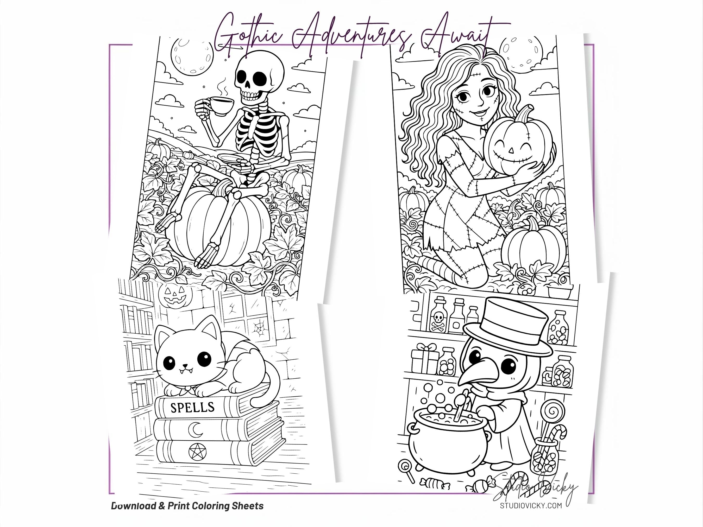 Spooky Cuties Sweet Adventures Coloring Book, Cozy Goth Halloween Activity (PDF Download)
