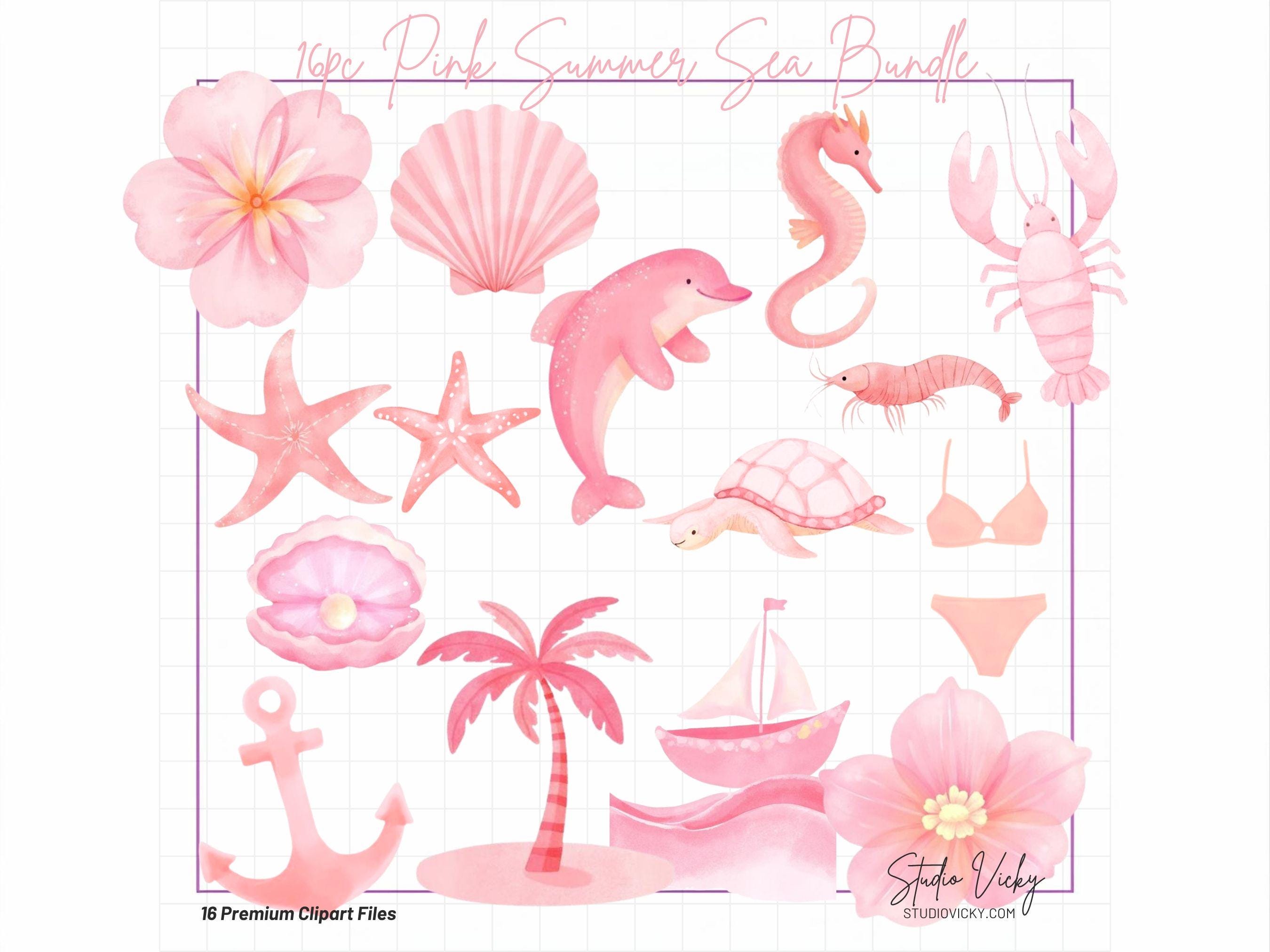 Pink Summer Sea Watercolor Clipart Bundle | Coastal Beach PNG Files