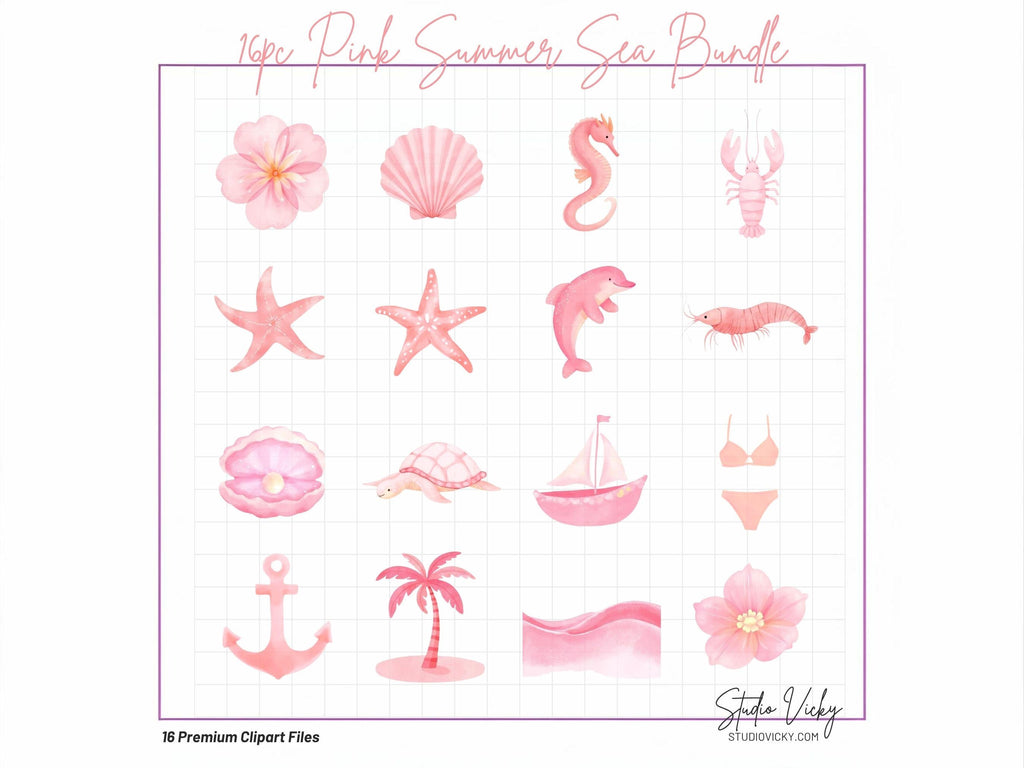 Pink Summer Sea Watercolor Clipart Bundle | Coastal Beach PNG Files