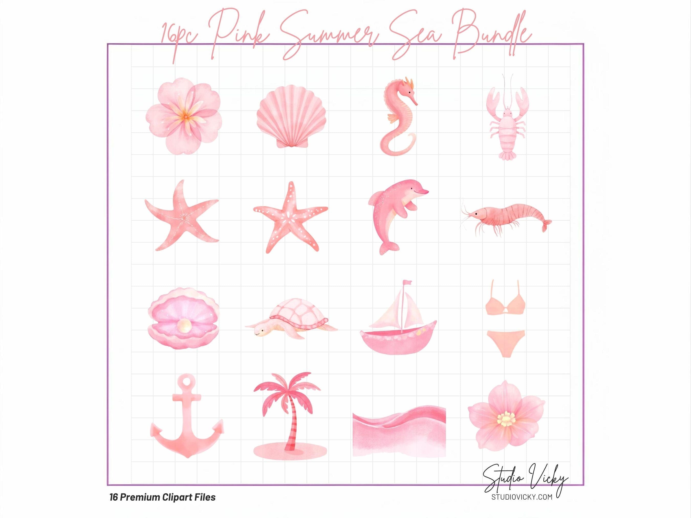 Pink Summer Sea Watercolor Clipart Bundle | Coastal Beach PNG Files