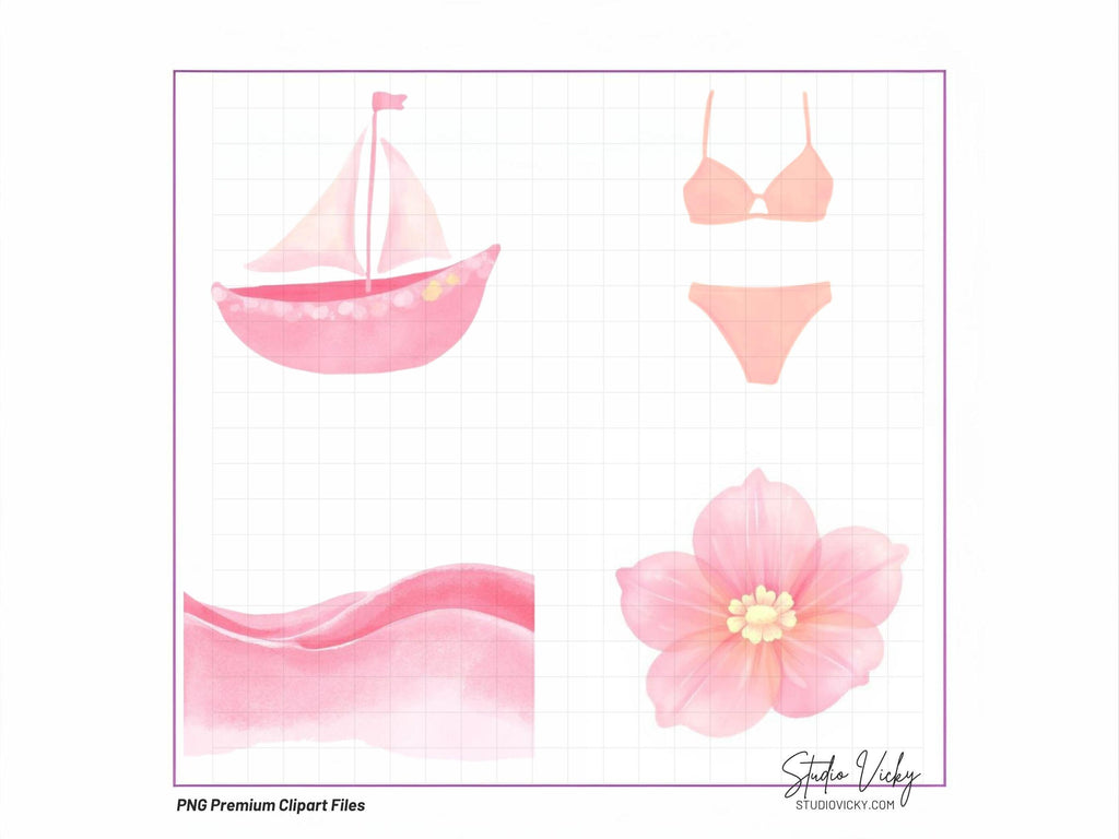 Pink Summer Sea Watercolor Clipart Bundle | Coastal Beach PNG Files