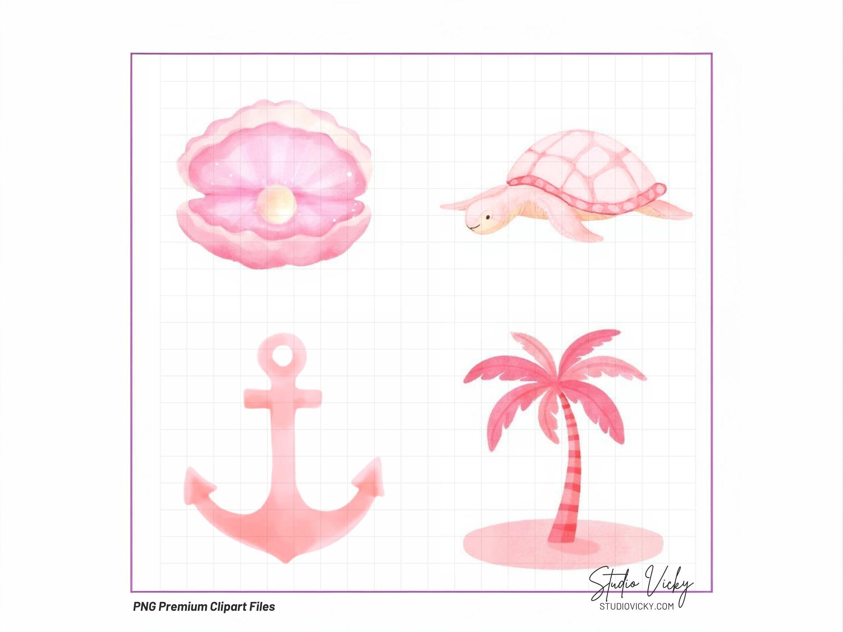 Pink Summer Sea Watercolor Clipart Bundle | Coastal Beach PNG Files