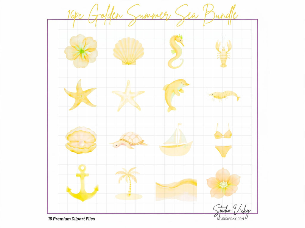 Golden Summer Sea Watercolor Clipart Bundle | Yellow Coastal Beach PNG Files