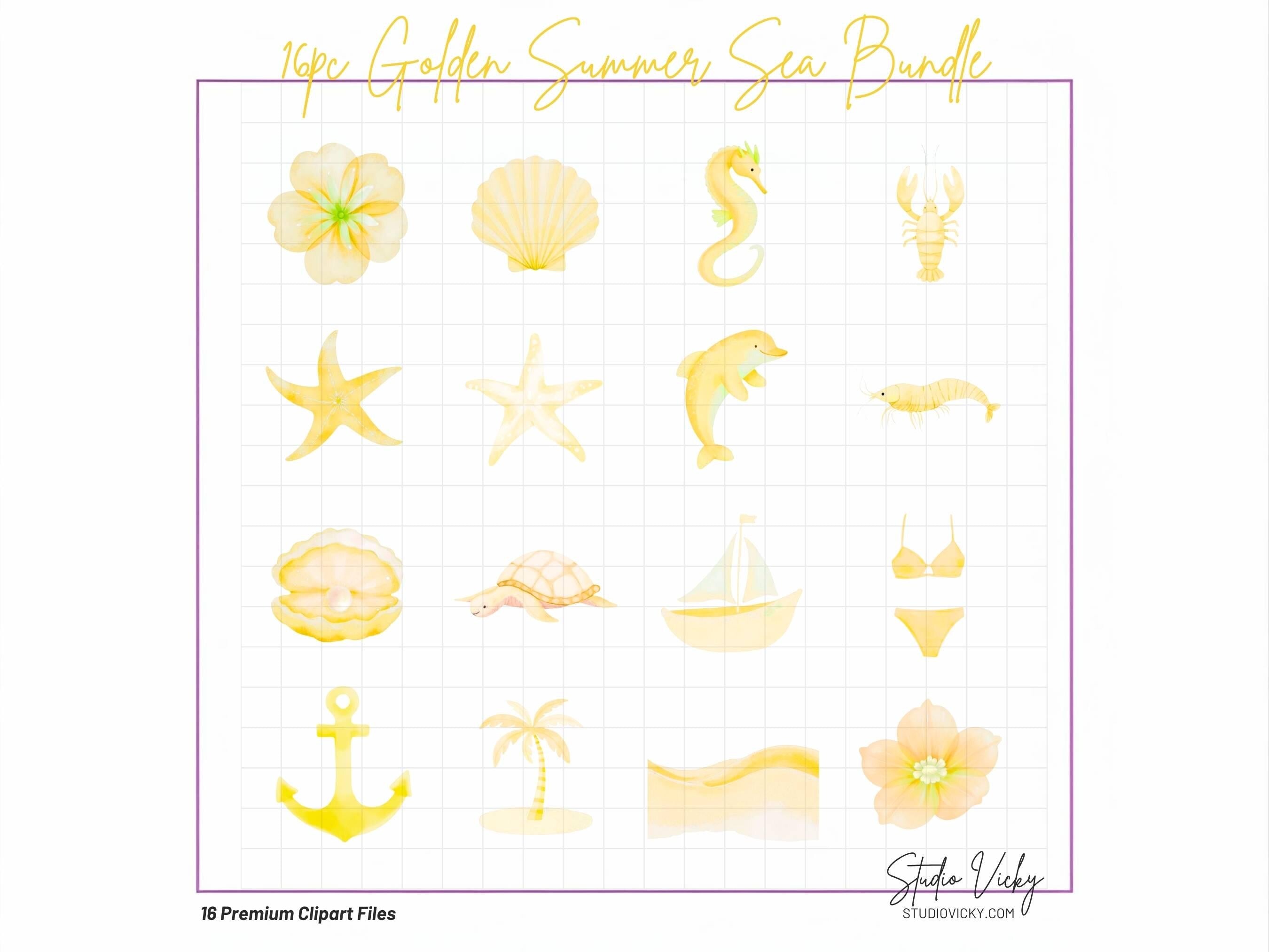 Golden Summer Sea Watercolor Clipart Bundle | Yellow Coastal Beach PNG Files