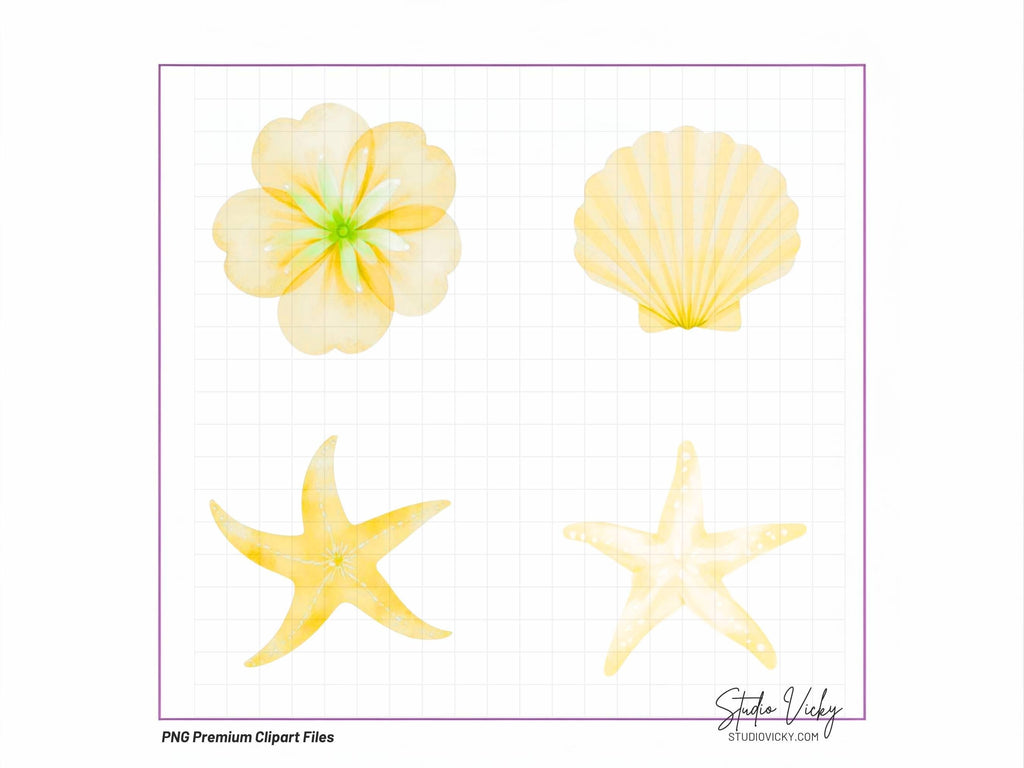 Golden Summer Sea Watercolor Clipart Bundle | Yellow Coastal Beach PNG Files
