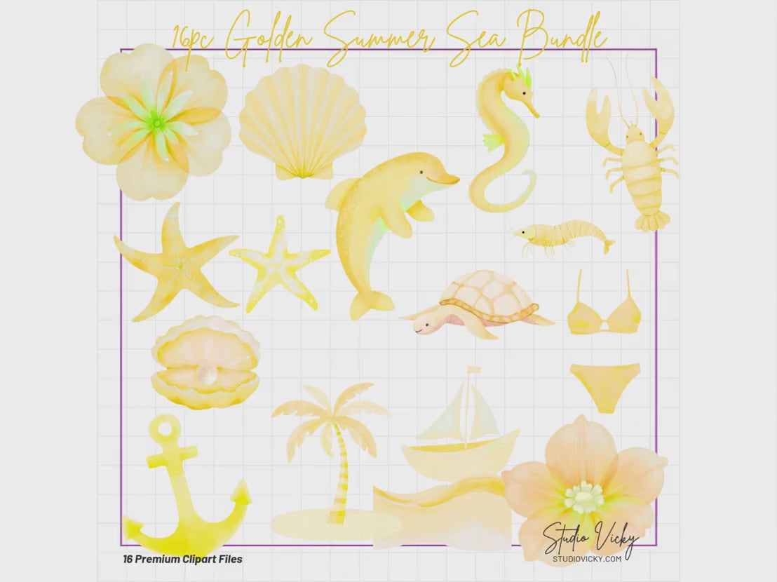 Golden Summer Sea Watercolor Clipart Bundle | Yellow Coastal Beach PNG Files